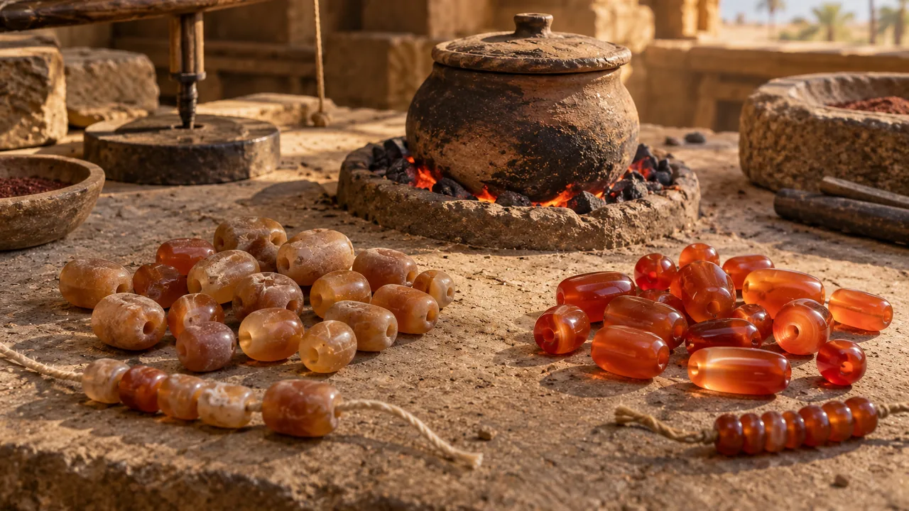 خرز عقيق كارنيليان قديم: باهت قبل التسخين وبرتقالي أحمر بعده، بجانب وعاء فخاري على الجمر