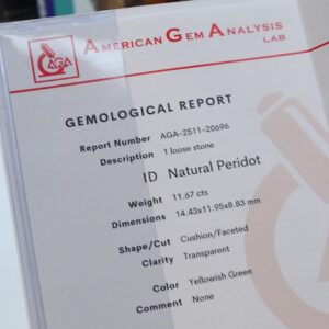 AGA gemological report - natural peridot 11.67 ct