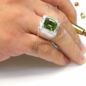 Natural peridot cushion silver ring with diamonds